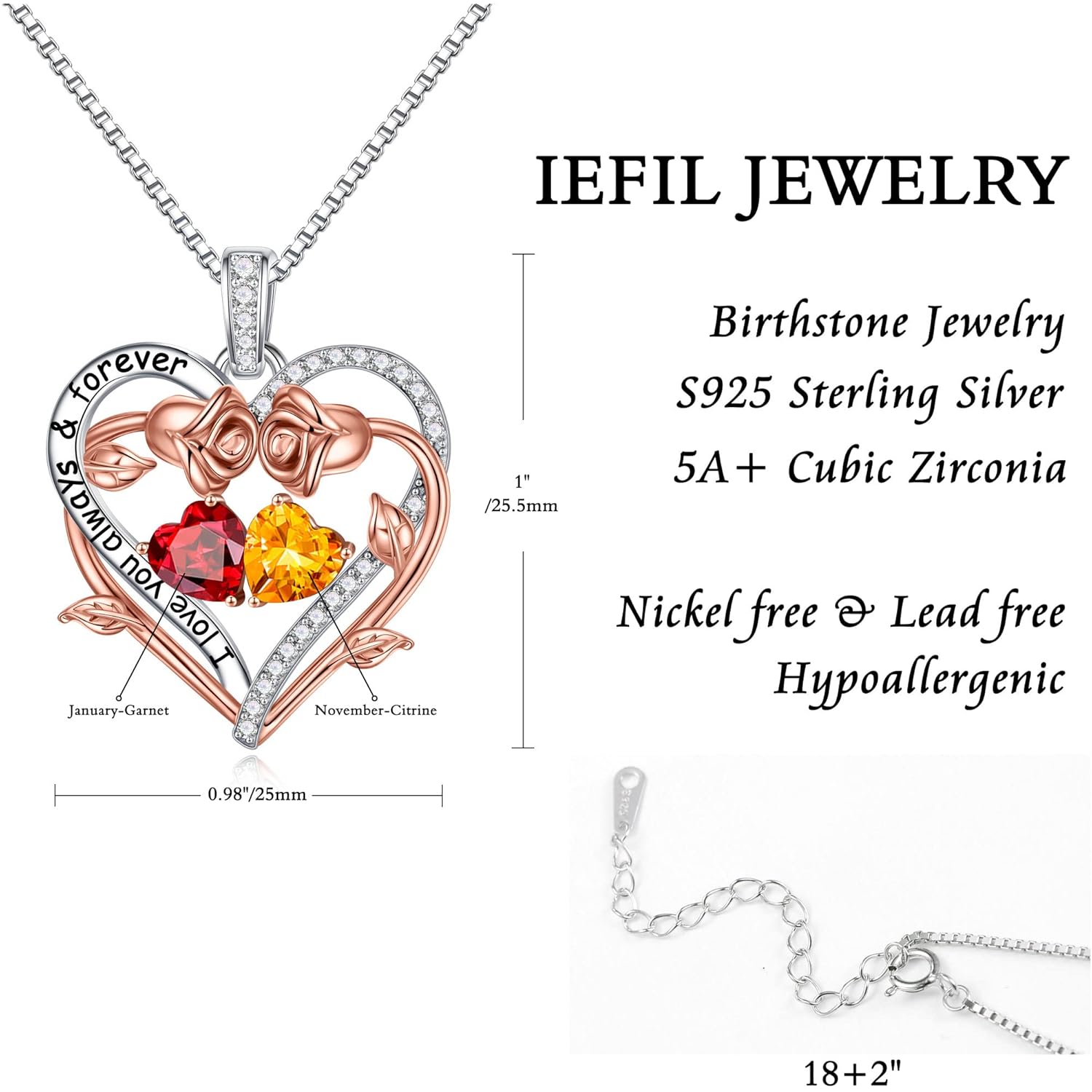 Iefil Mothers Day Gifts for Wife - Rose Heart Double Birthstone Necklace Gifts for Wife Girlfriend Her Women, Birthstone Jewelry Gemstone Birthday Gift for Mom Grandma Her Women