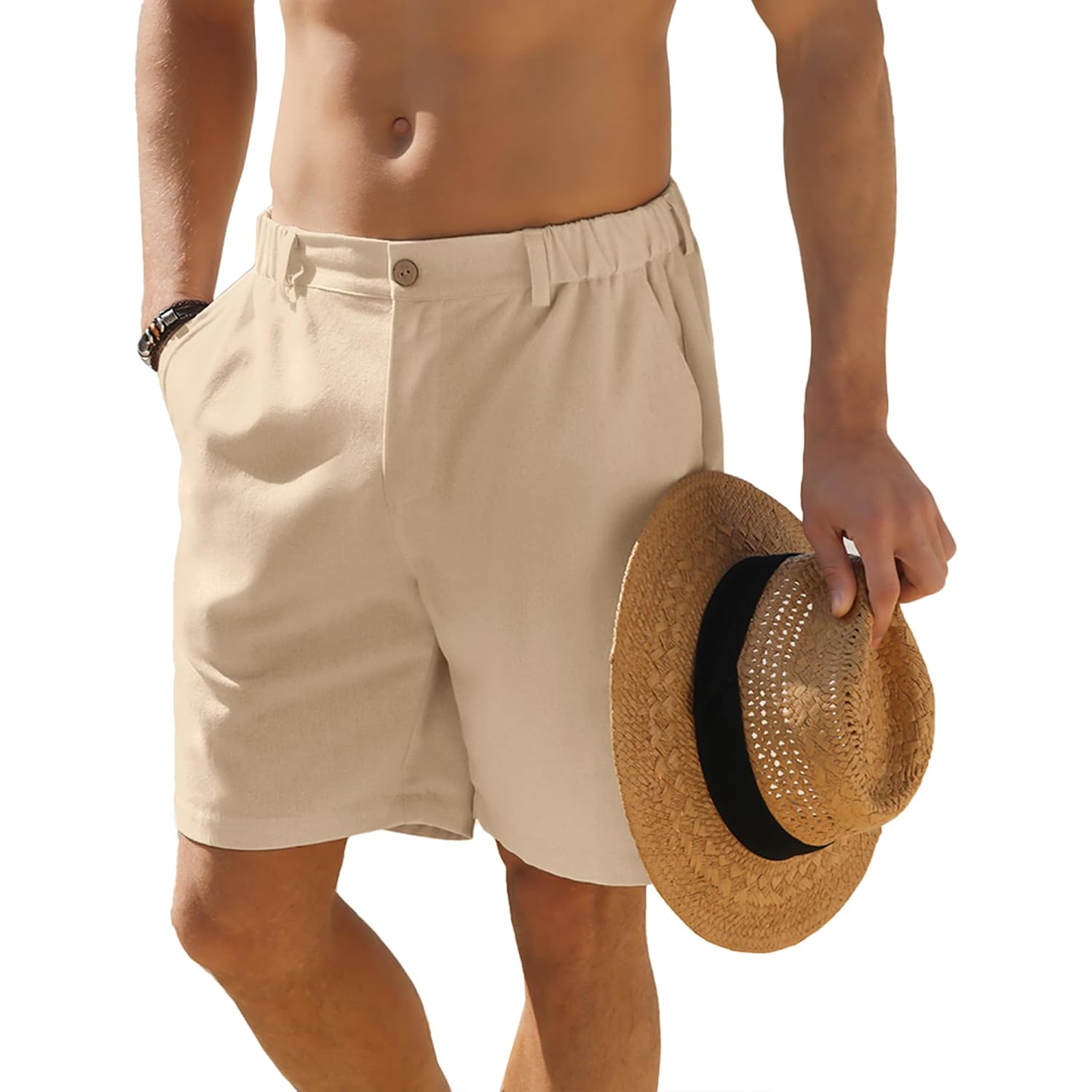 Jemldl Men'S Shorts Casual 7" Cotton Linen Button Elastic Waist Summer Beach Golf Shorts With Multi-Pocket