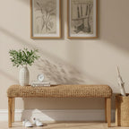 Solid Wood Acacia Indoor Bench, 47 Inch, Fishbone, Water Hyacinth | Natural Woven Seat, Living Room Or Entryway, Bedroom End Of Bed Or Dining, Window Bench
