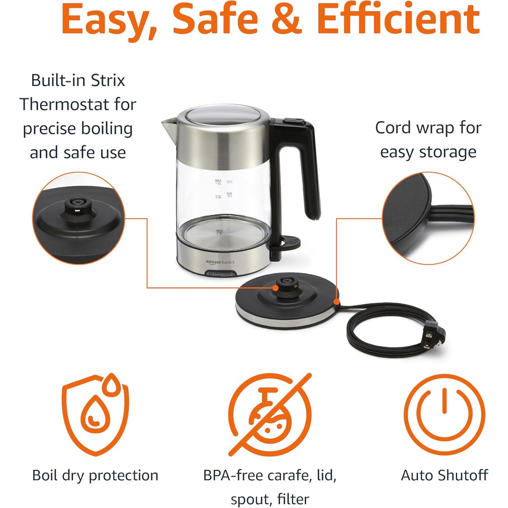 Amazon Basics Electric Kettle with Glass Carafe for Tea and Coffee, BPA-Free, Fast Boiling, Auto Shut-Off, Boil-Dry Protection, Water Level Indicator, 1.7 Liter, 1500W, Black and Silver