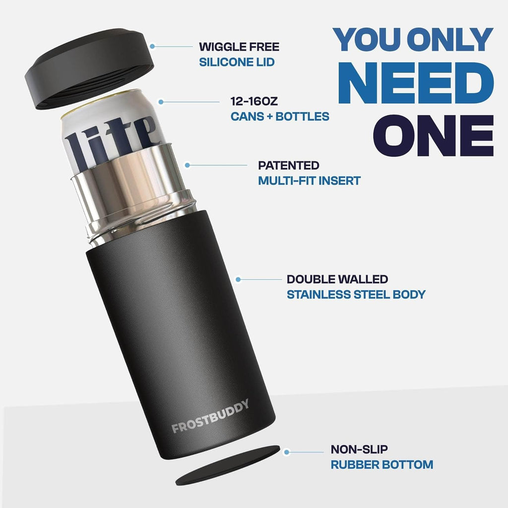 Frost Buddy Universal Can Cooler - Fits All - For Regular 12 & 16 oz or Slim-Size Bottles - Insulated Double-Walled Stainless Steel (MatteBlack)
