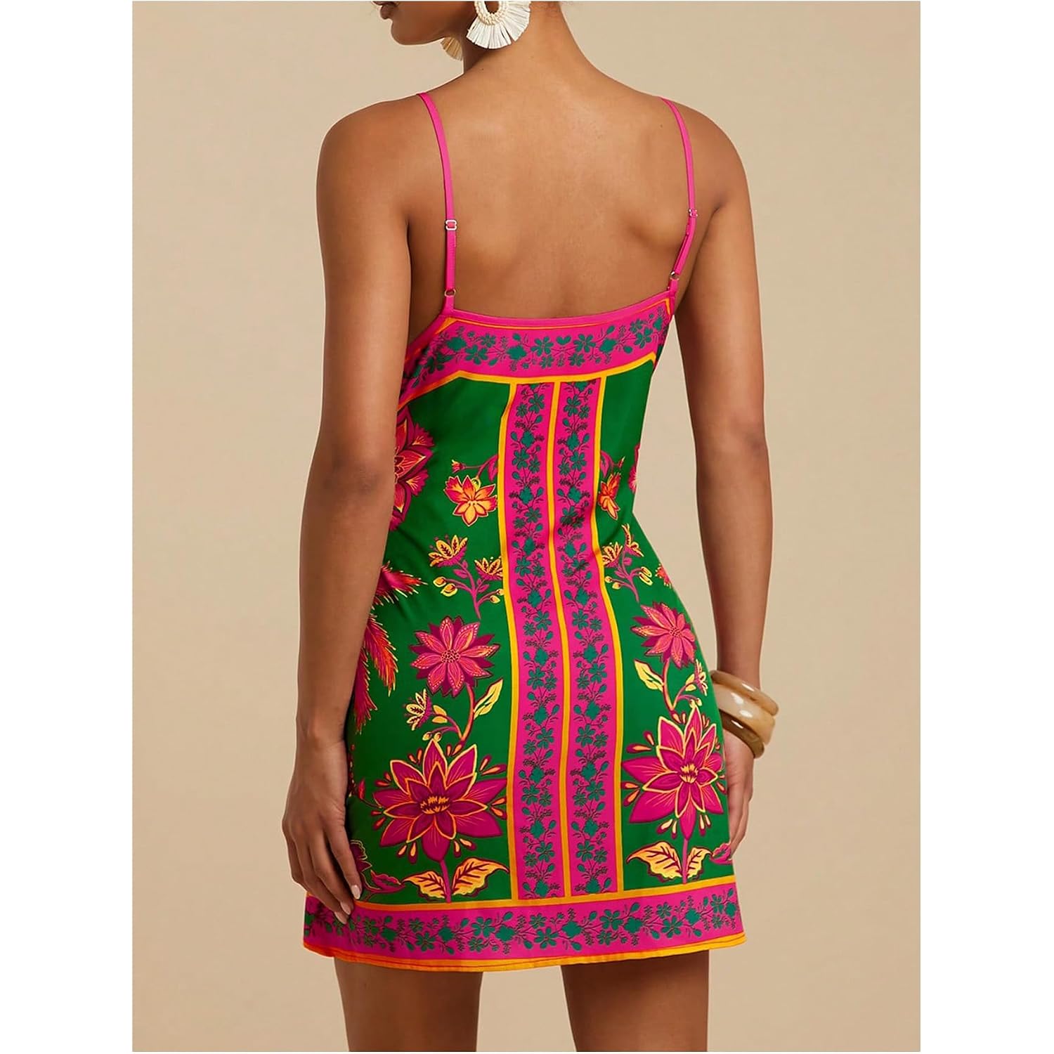 Roseseek Women'S Tropical Print Cami Dress Sleeveless Wrap V Neck Tie Knot Boho Short Dresses