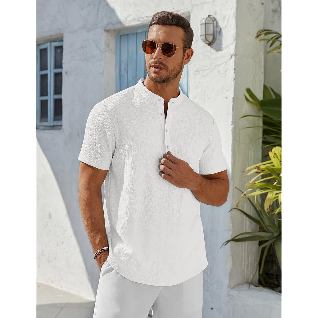 Coofandy Men'S Henley Shirt Short Sleeve Stand Collar Summer Casual Beach Hippie T-Shirts