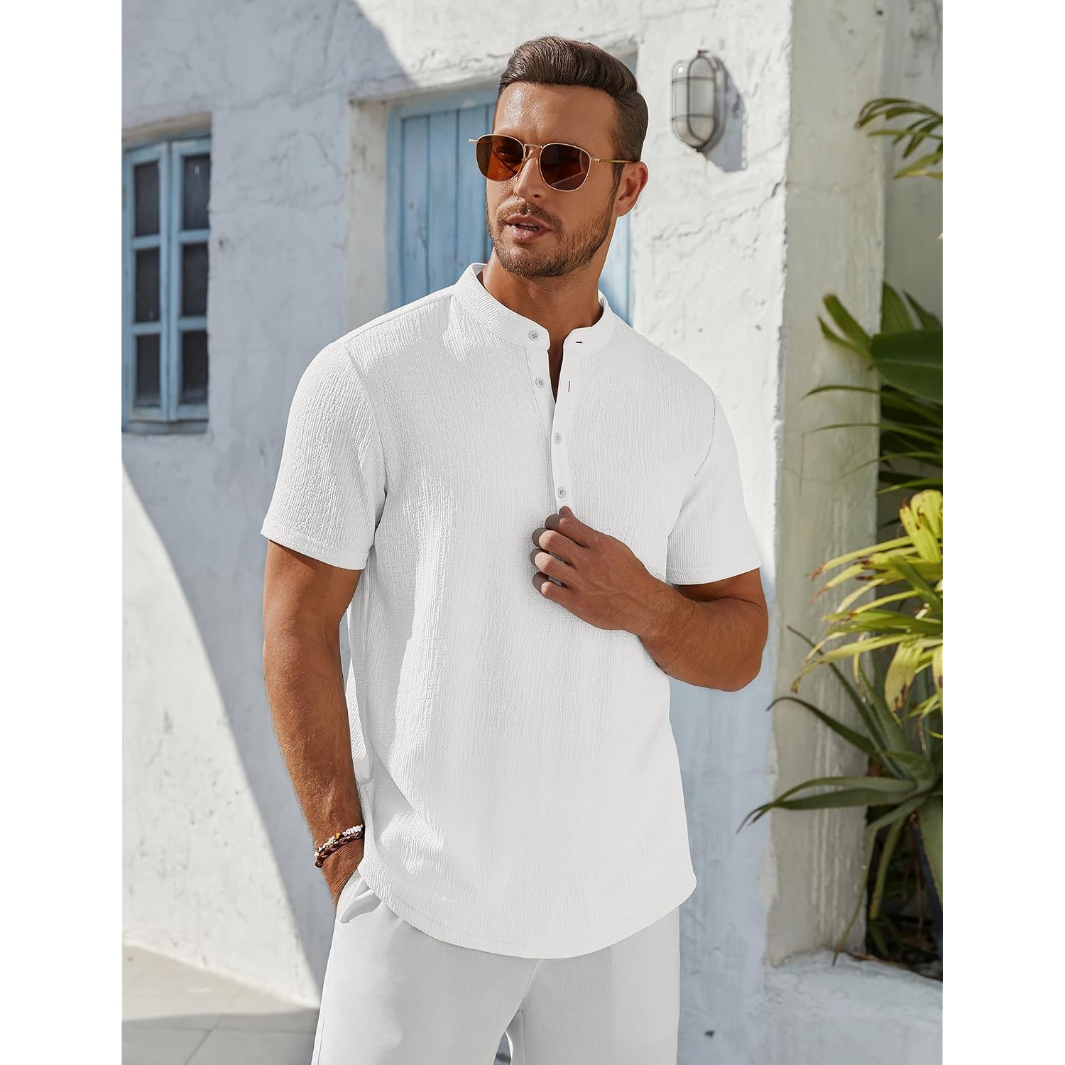 Coofandy Men'S Henley Shirt Short Sleeve Stand Collar Summer Casual Beach Hippie T-Shirts