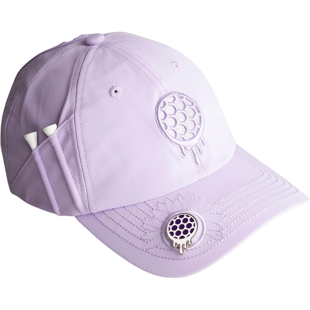 Ladies 6 Panel Unstructured Open Back Golf Hat - Snapback - Tee Holder With Tees & Bill Magnet With Ball Marker