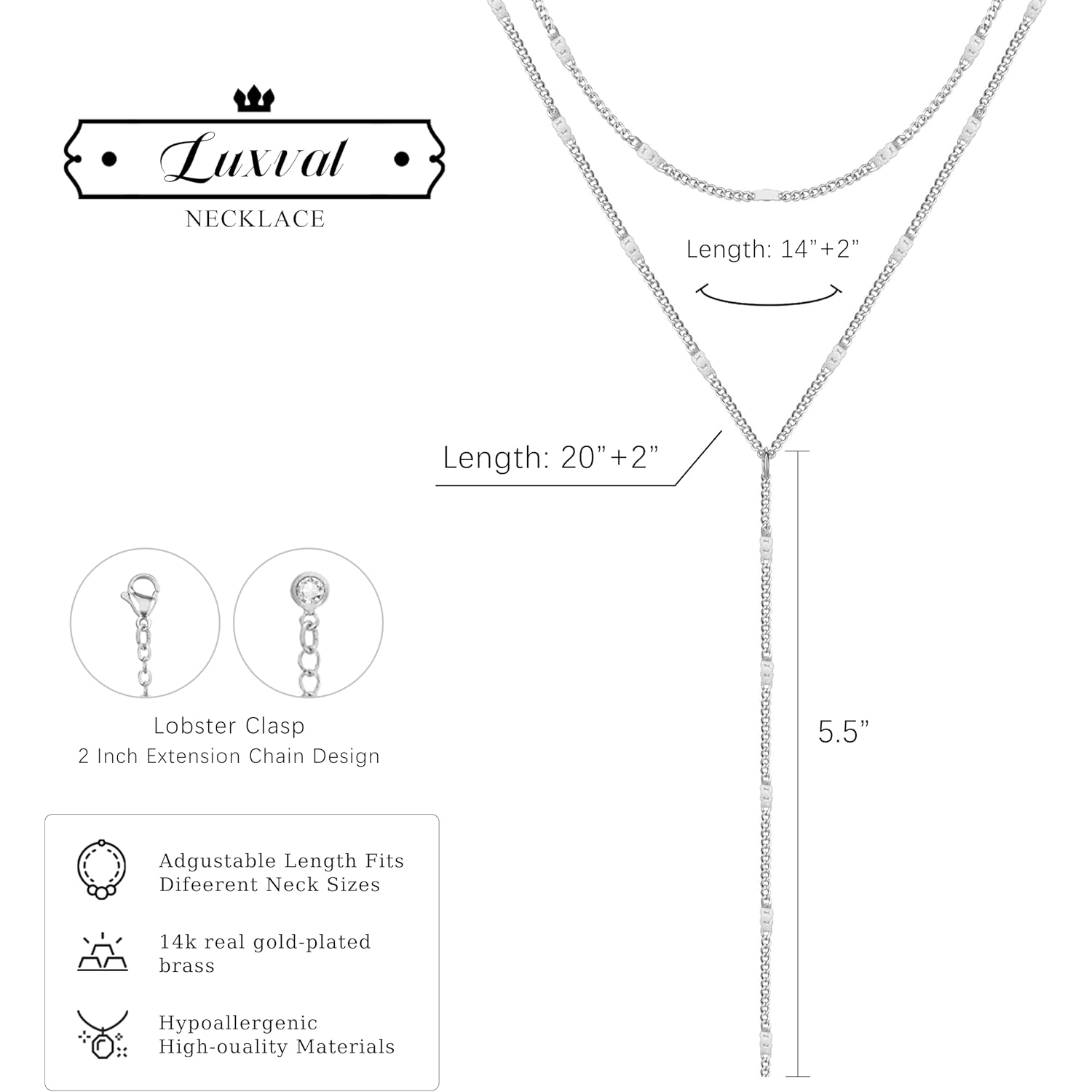 Luxval Lariat Silver Necklace for Women, Dainty Long Necklace Silver Y-Shaped Pendant Necklaces Trendy Beaded Chain Drop Necklaces Jewelry for Women Gifts