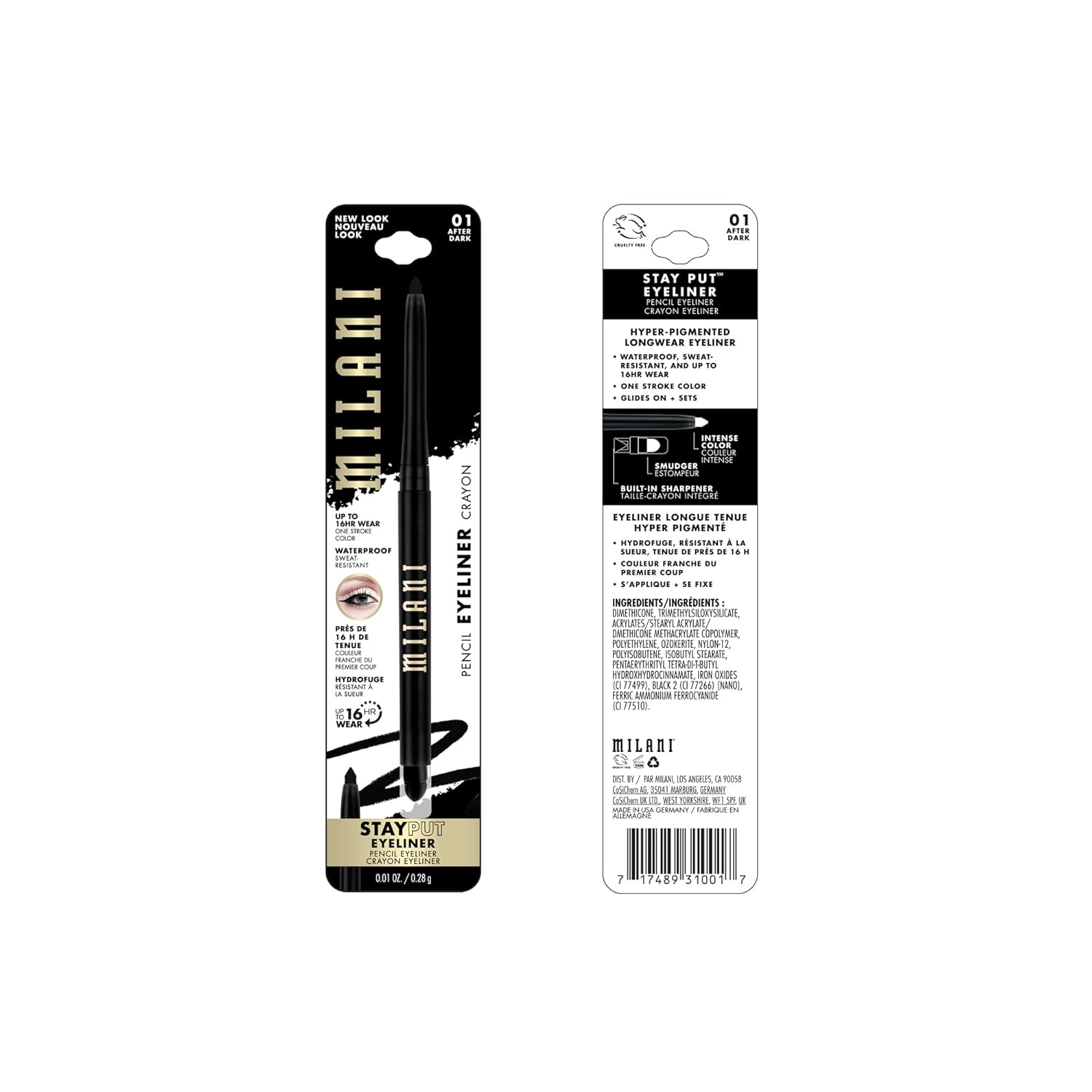 Milani Stay Put Eyeliner - After Dark (0.01 Ounce) Cruelty-Free Self-Sharpening Eye Pencil with Built-In Smudger - Line & Define Eyes with High Pigment Shades for Long-Lasting Wear