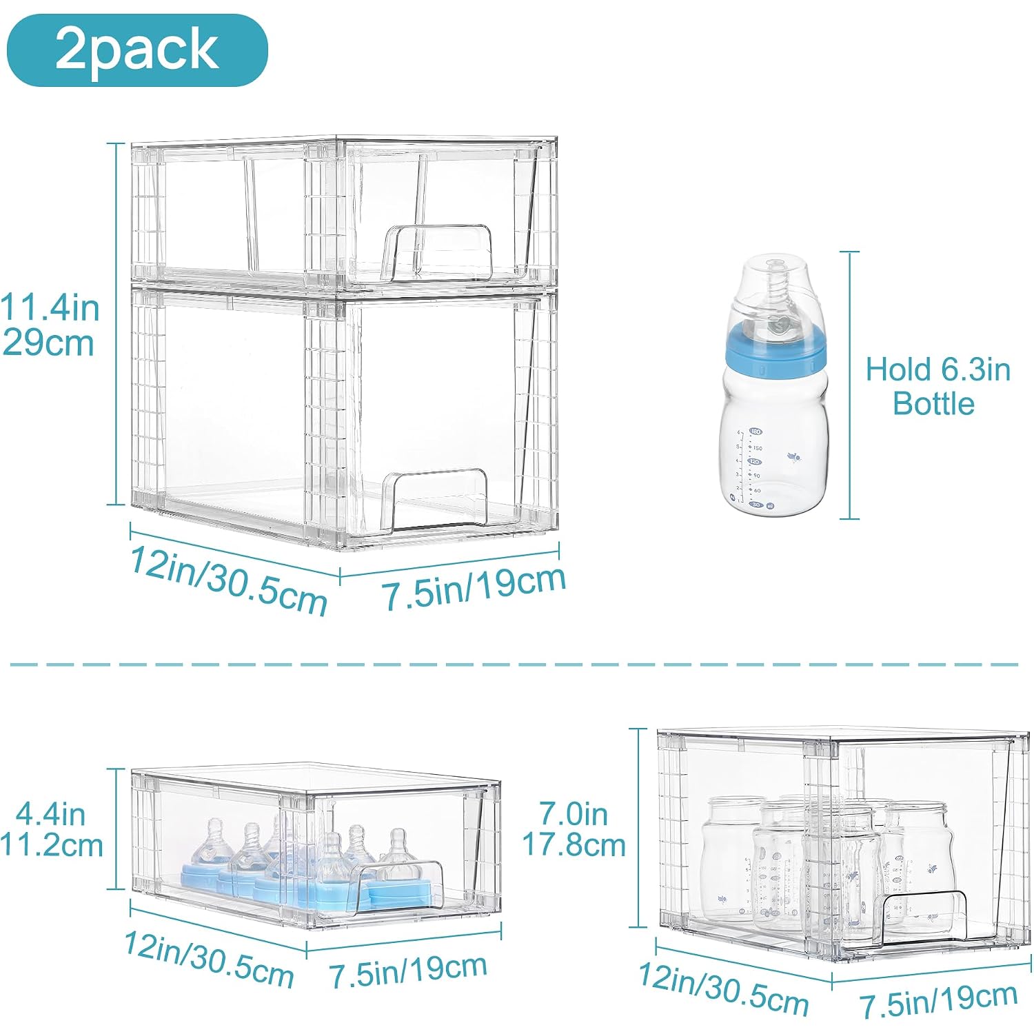 Vtopmart 4 Pack Clear Stackable Storage Drawers,Under Sink And Kitchen Organizers Storage,Easy To Assemble Plastic Drawers For Baby Bottle,Medicine, Bathroom,Cabinet And Pantry Organization