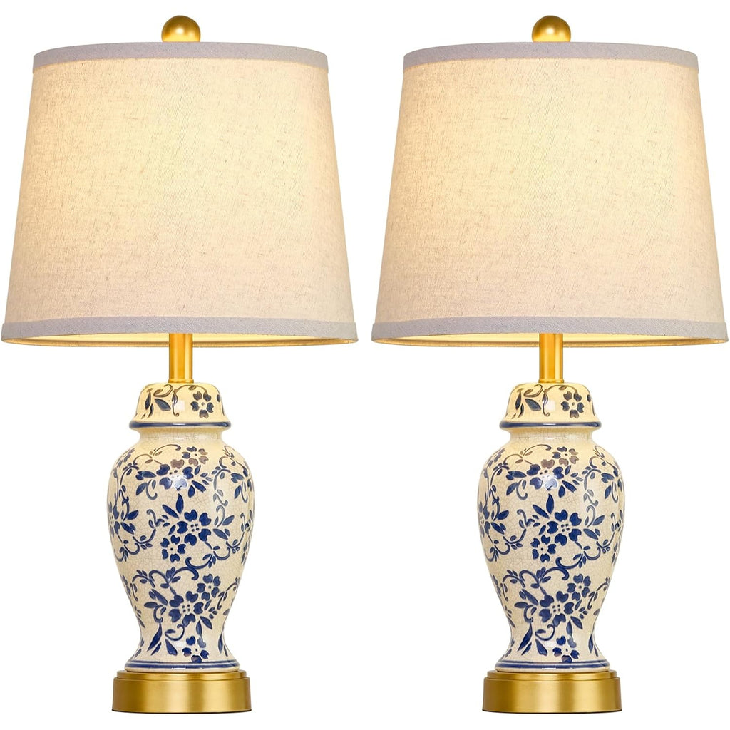 Chinoiserie Ceramic Table Lamps Set Of 2 For Living Room Bedroom Bedside, Traditional Blue Porcelain Classic Table Lamp For Nightstand Entryway, 2 Led Bulbs Included (Gold)