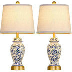 Chinoiserie Ceramic Table Lamps Set Of 2 For Living Room Bedroom Bedside, Traditional Blue Porcelain Classic Table Lamp For Nightstand Entryway, 2 Led Bulbs Included (Gold)