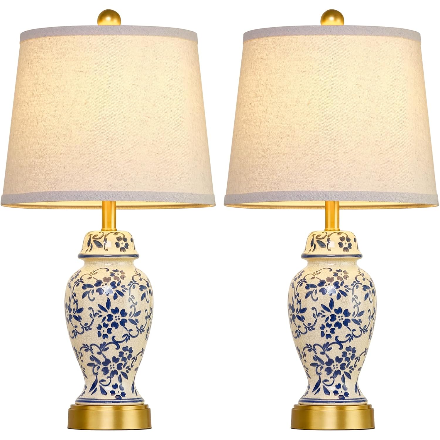 Chinoiserie Ceramic Table Lamps Set Of 2 For Living Room Bedroom Bedside, Traditional Blue Porcelain Classic Table Lamp For Nightstand Entryway, 2 Led Bulbs Included (Gold)
