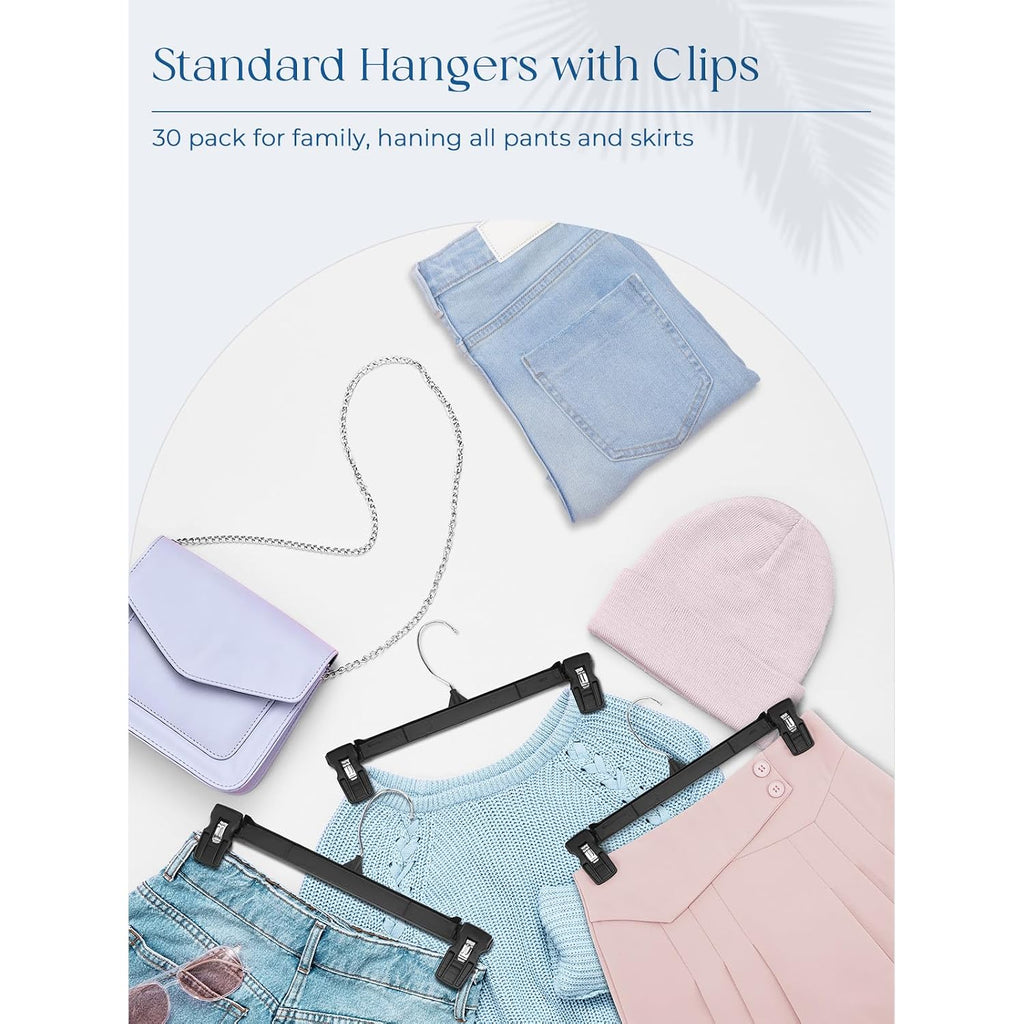 Smartor Pants Hangers - 30 Pack, Black Clips Hangers With 360° Hooks, Shorts Hanger With Strong Clamps, Dress, Heavy Duty As Trousers, Skirt, Jeans, Towel And Bottom Clothes -12 Inch