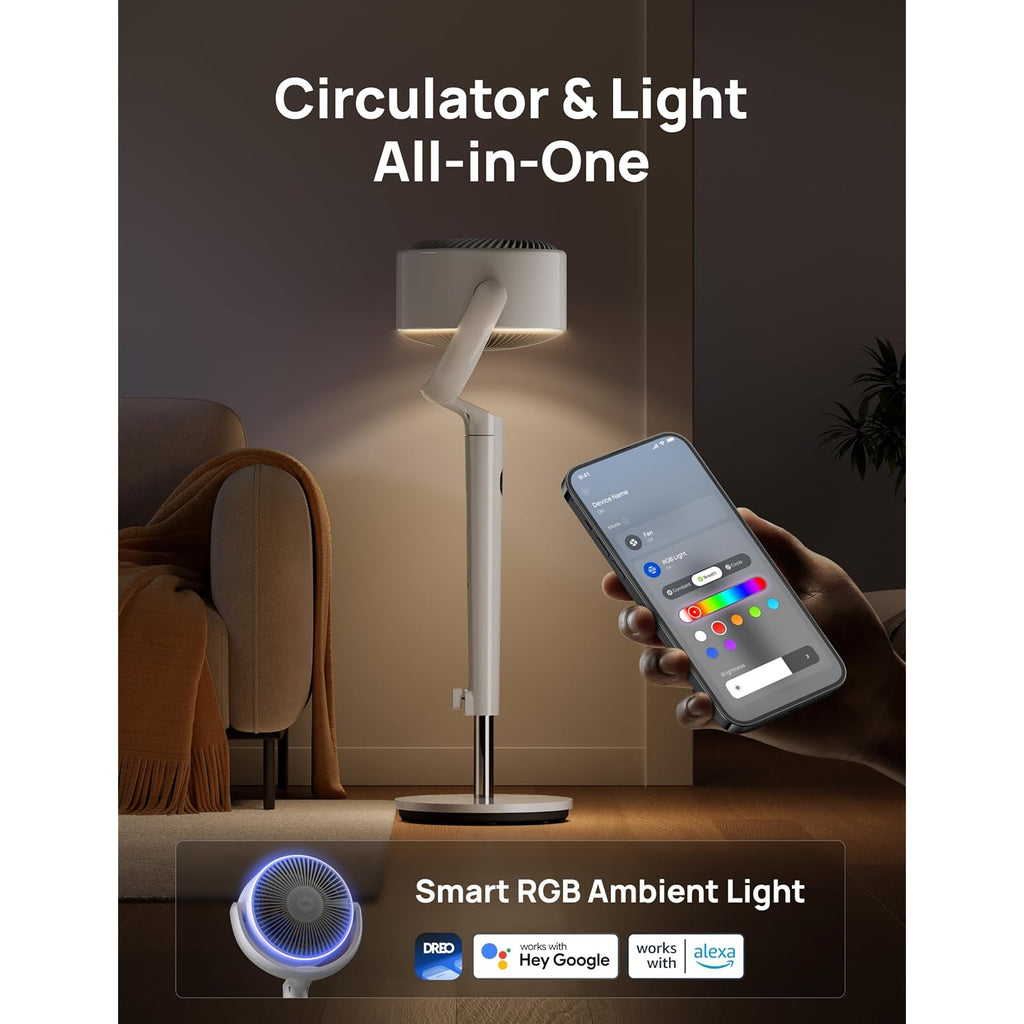 Dreo Smart Fan For Bedroom, 120° +120° Omni-Directional Oscillating Fans, 100Ft Quiet Pedestal Fan With Rgb Light, 9 Speeds, 6 Modes, 20Db, 8H Timer, Wi-Fi/Voice/Alexa, 35-40" Floor Fans With Remote