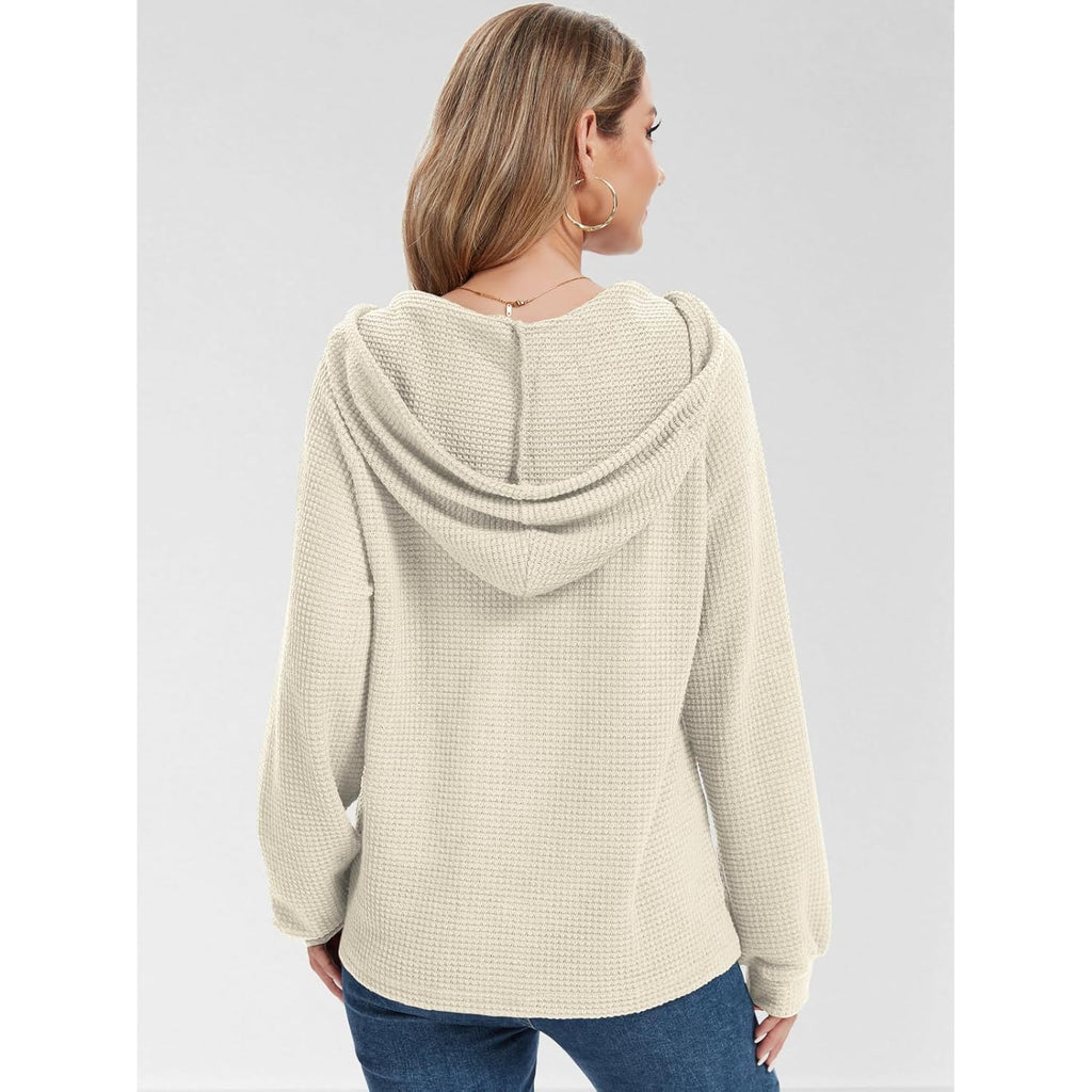 Hoodies Sweatshirt for Women Waffle Long Sleeve Oversized Sweaters Drawstring Button V Neck Casual Pullover Tops