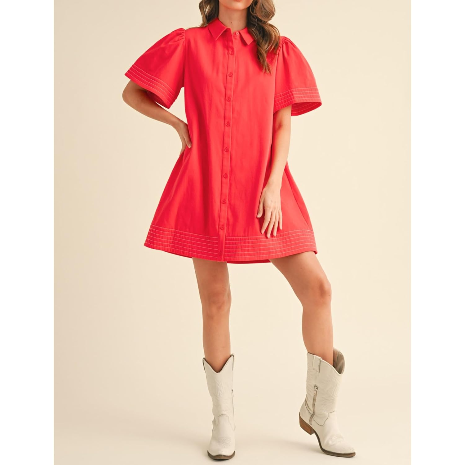 Womens Short Sleeve Button Down Mini Shirt Dress Lapel Collar Short Dresses With Pocket
