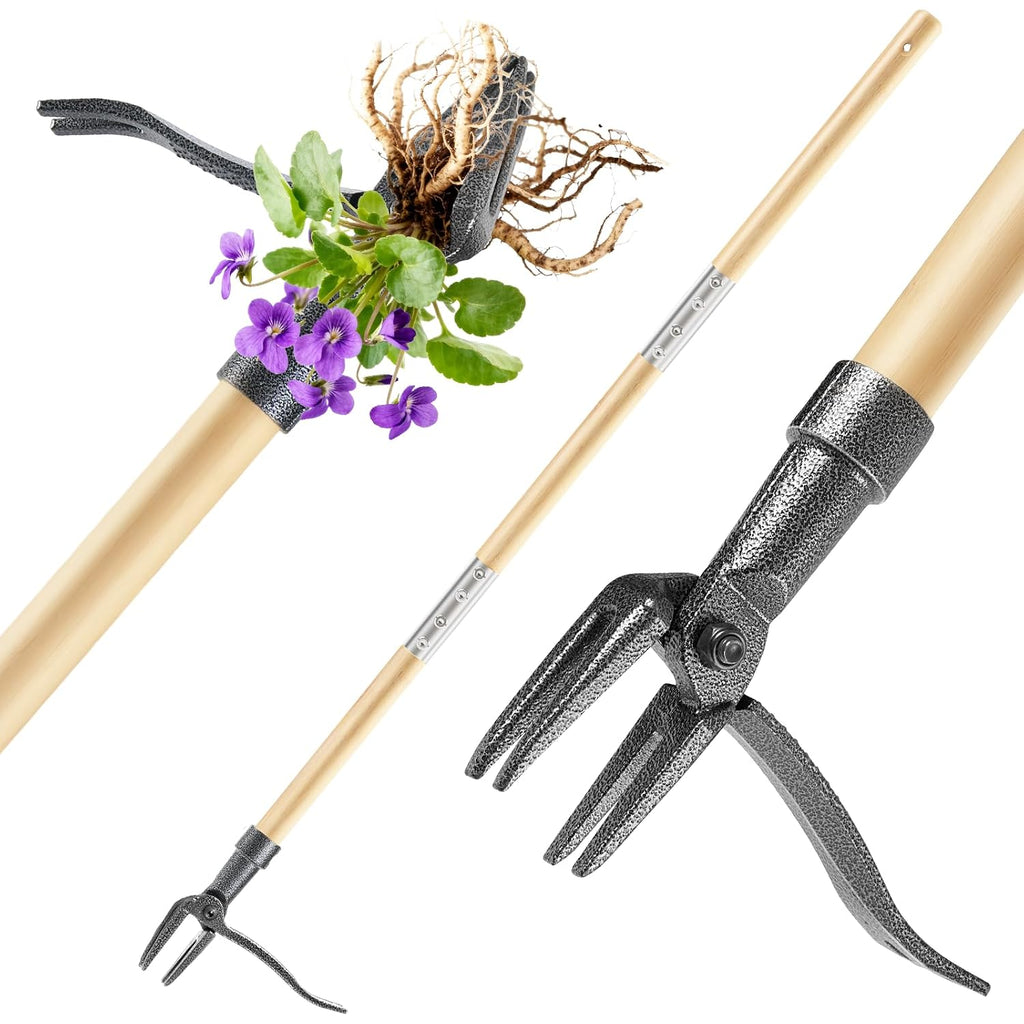 Weed Puller Tool, Stand Up Heavy Duty Weed Remover Tool With Long Handle & 4-Claw Steel Head, Bamboo Garden Hand Weeding Tool - Easily Remove Weeds Without Bending, Pulling,Or Kneeling