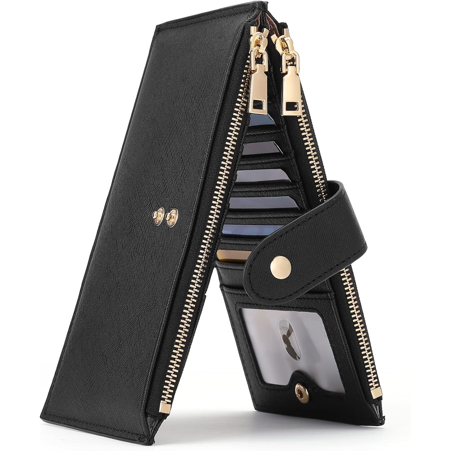 GOIACII Slim Wallets for Women RFID Blocking Card Holder 2 Zipper Pockets Thin Ladies Clutch Purse Black