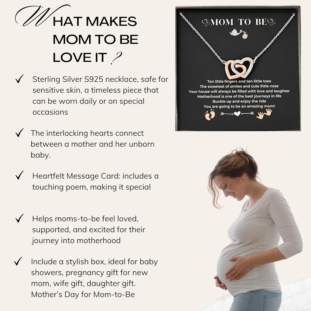 Mom to Be Gift - Sterling Silver S925 Interlock Heart Necklace with a Message Card Pregnancy Gifts for First Time Moms Expecting Women Pregnant Wife Mother's Day Christmas Birthday