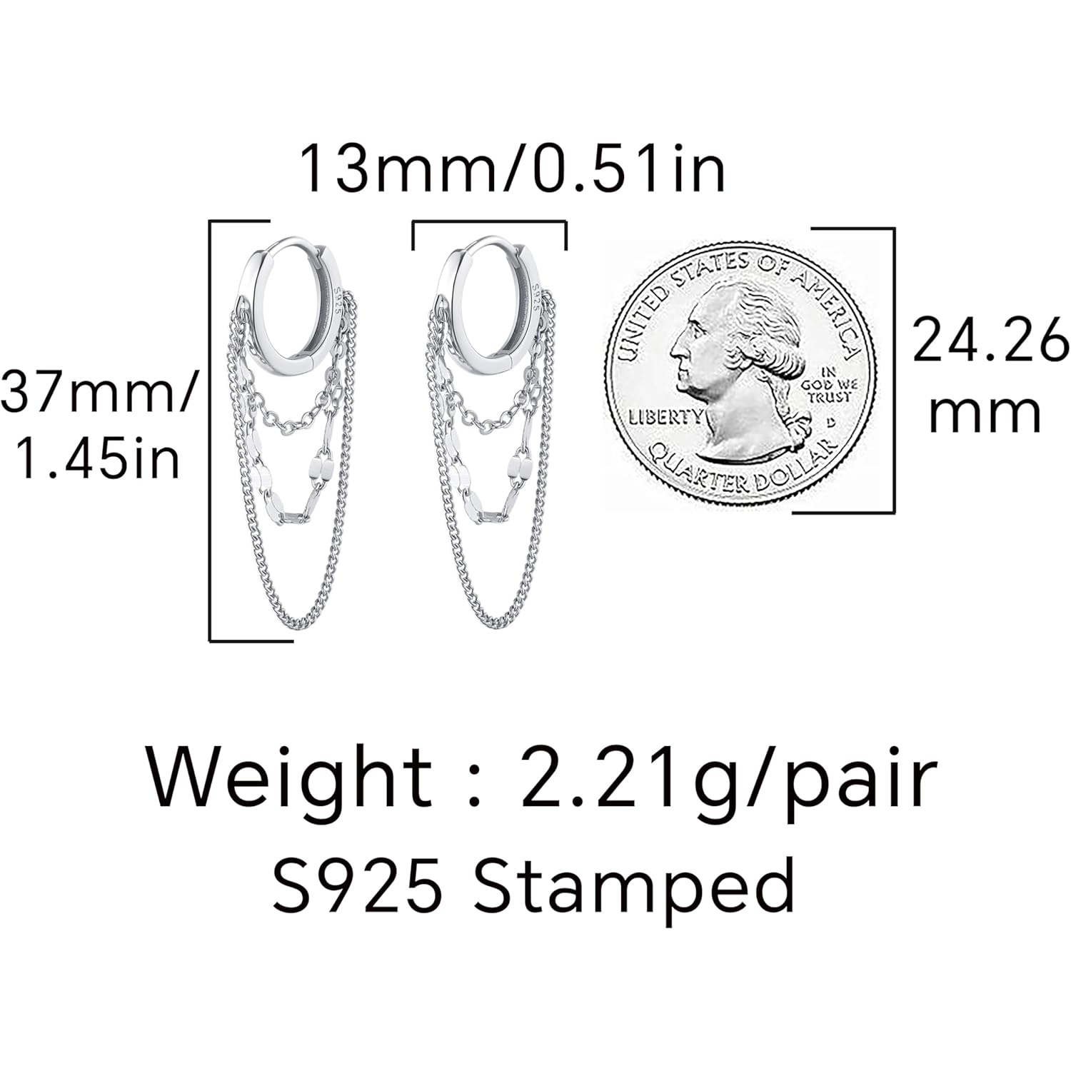 Reffeer Solid 925 Sterling Silver Chain Drop Earrings Hoop for Women Teens Hoop Earrings Tassel Chain Huggie Dangle Earrings