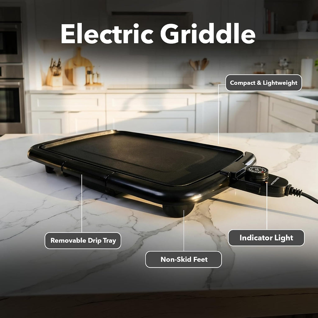 Ovente Electric Griddle With 16 X 10 Inch Flat Non-Stick Cooking Surface, Removable And Adjustable Temperature Control, Indoor Grill For Instant Breakfast, Pancakes, Eggs Or Burgers, Black Gd1610B