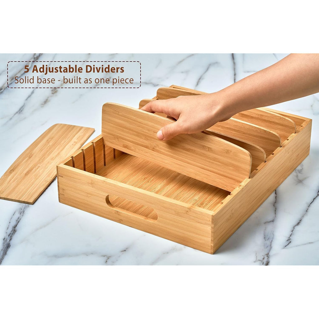 Large Bamboo Food Container Lid Organizer For Kitchen Cabinet | Adjustable Slots - Premium Bamboo, Pretty Color - Sturdy Versatile Caddy For Snack, Spice In Drawer - Anti-Skid Silicone Pads