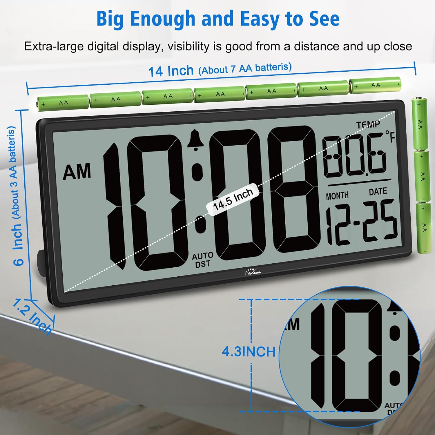 Backlight Digital Wall Clock Battery Operated - With Temperature And Date 14.5'' Large Digital Wall Clock, Easy To Read And Set, Auto Dst
