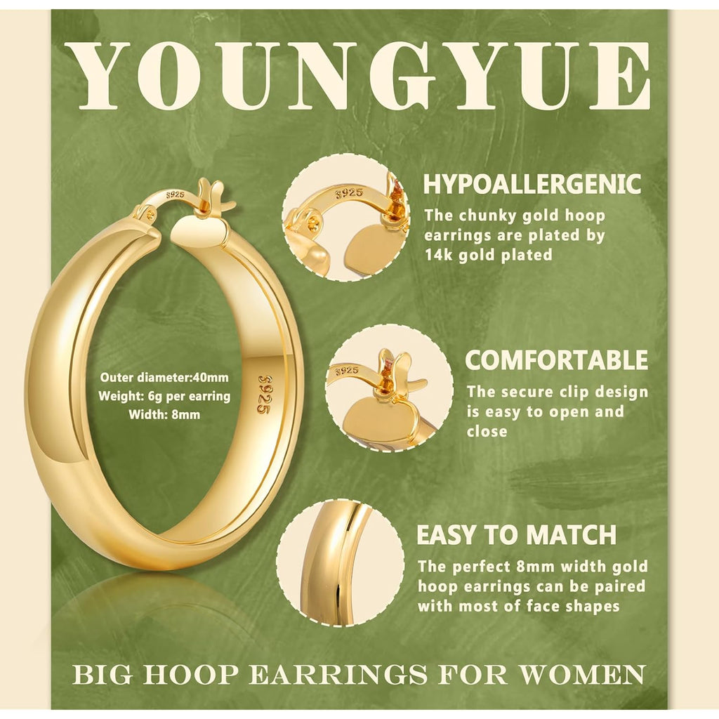 YOUNGYUE 8mm Wide Chunky Gold Hoops 14K Real Gold Plated Hypoallergenic 925 Sterling Silver Hoops Lightweight Big Gold Hoop Earrings for Women 30/40/50/60mm