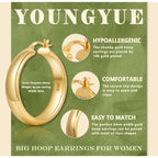 YOUNGYUE 8mm Wide Chunky Gold Hoops 14K Real Gold Plated Hypoallergenic 925 Sterling Silver Hoops Lightweight Big Gold Hoop Earrings for Women 30/40/50/60mm