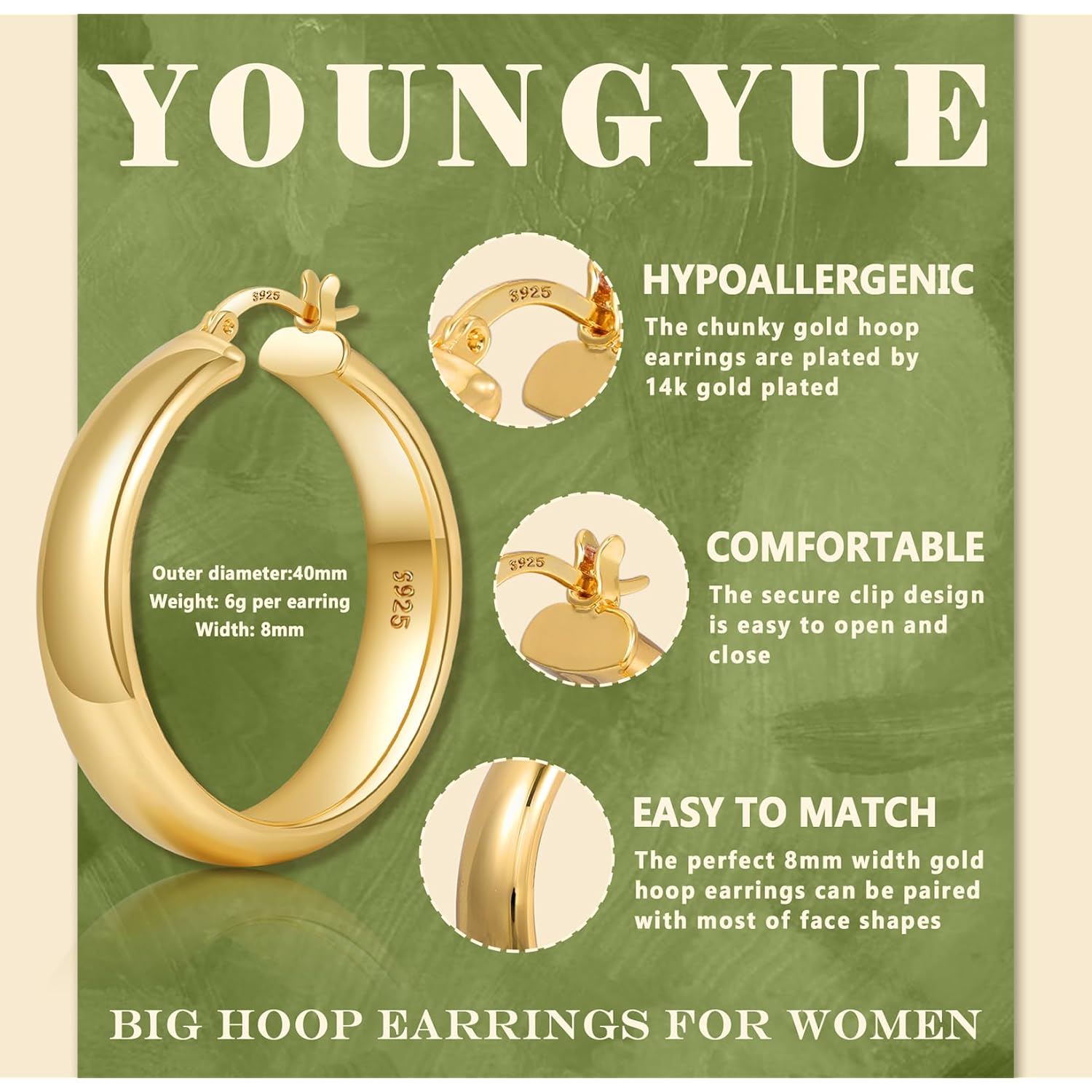 YOUNGYUE 8mm Wide Chunky Gold Hoops 14K Real Gold Plated Hypoallergenic 925 Sterling Silver Hoops Lightweight Big Gold Hoop Earrings for Women 30/40/50/60mm