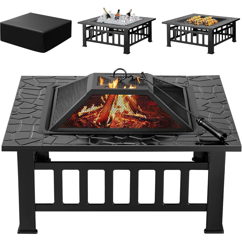 Devoko Outdoor Fire Pit, 32 Inch Firepit Table Metal Outdoor Fireplaces | With Waterproof Cover For Outside Patio Camping (Black)