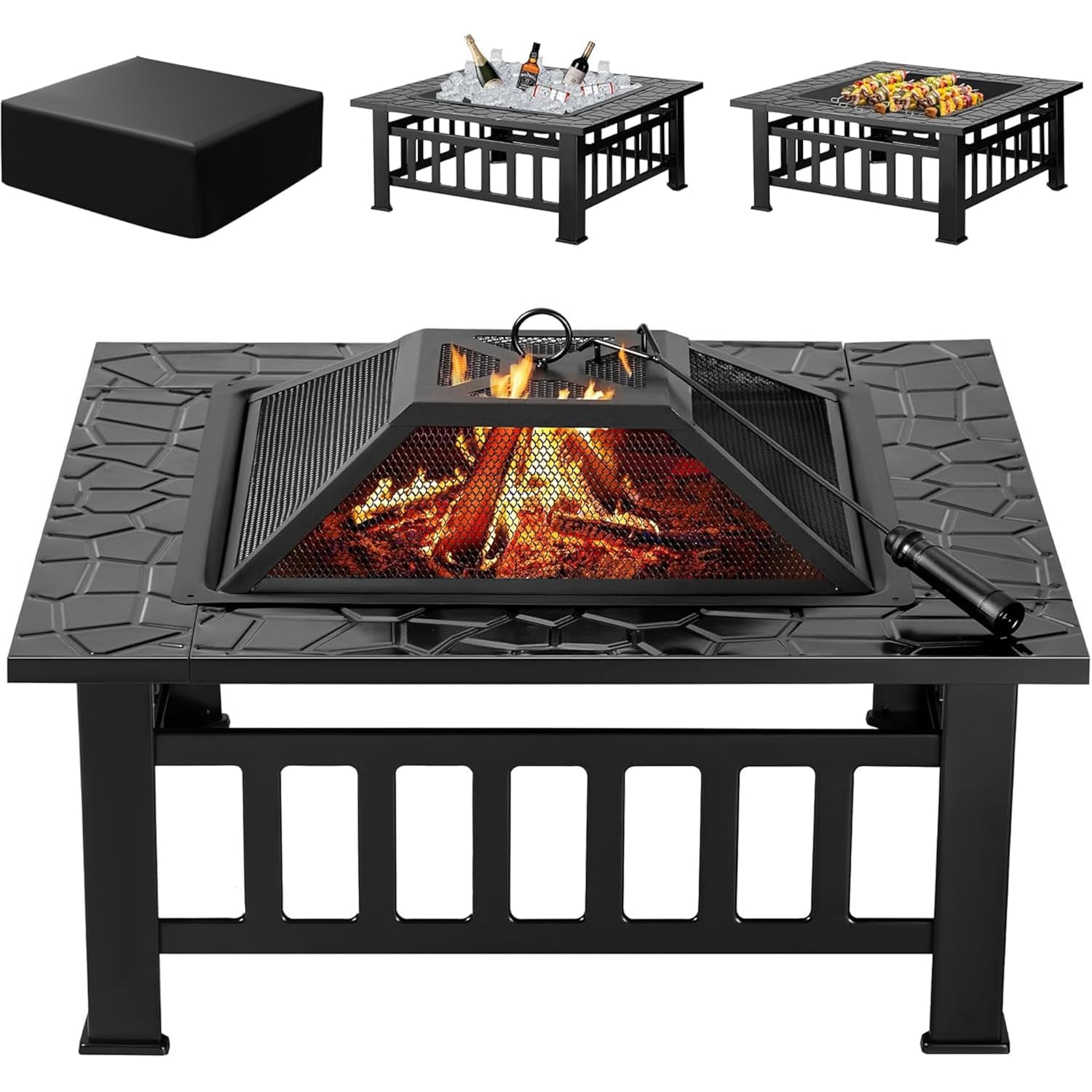 Devoko Outdoor Fire Pit, 32 Inch Firepit Table Metal Outdoor Fireplaces | With Waterproof Cover For Outside Patio Camping (Black)