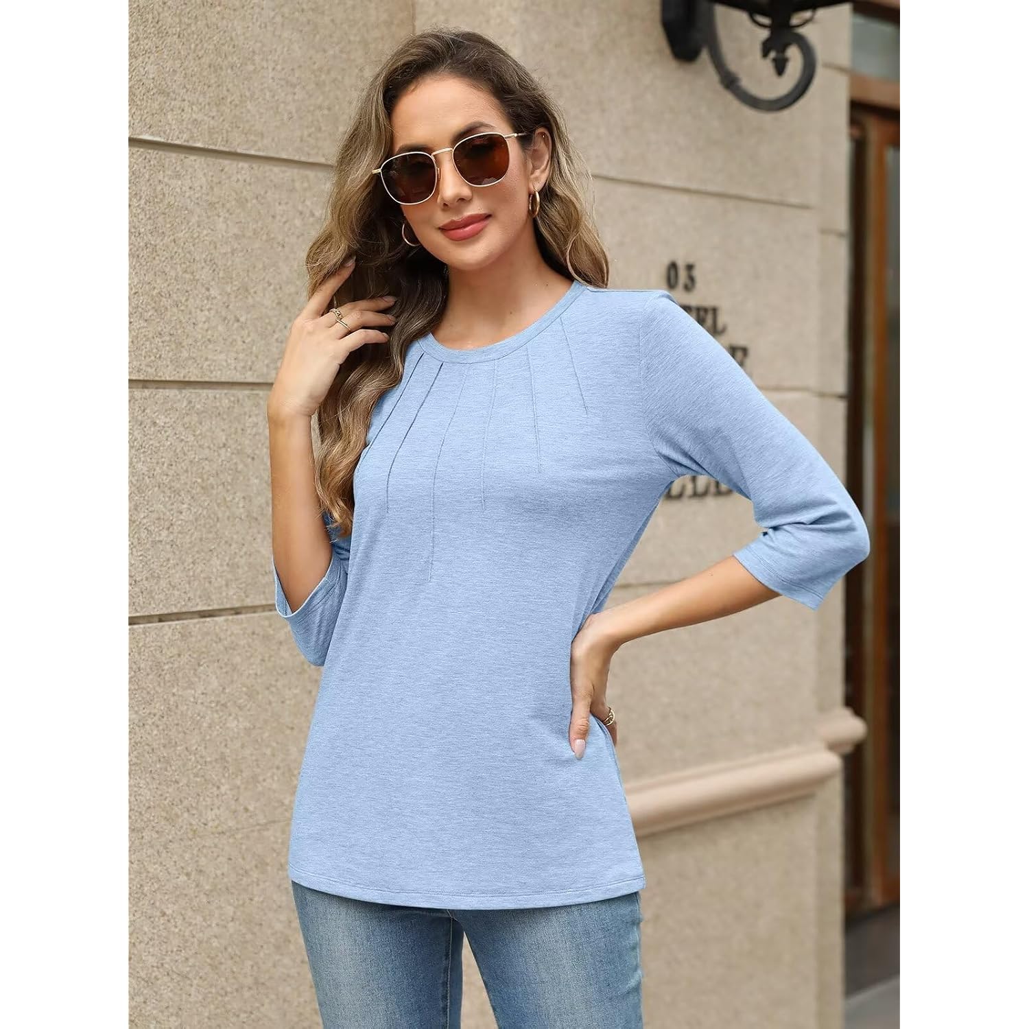 Womens 3/4 Length Sleeve Tops Crewneck Pleated T-Shirts Casual Fall Tunic Tops Basic Trendy Clothes
