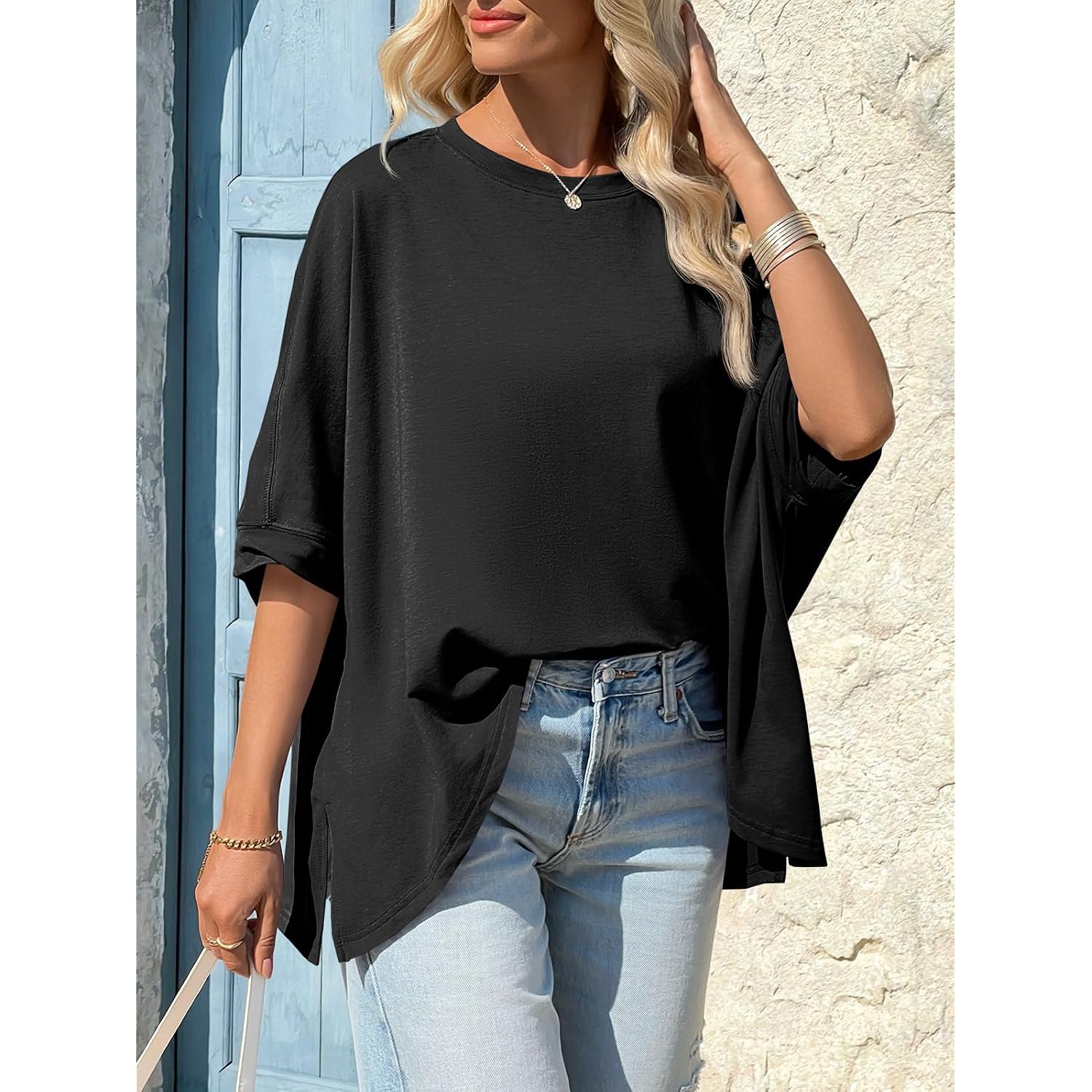Tankaneo Womens Oversized Tshirts Batwing Short Sleeve Asymmetric Hem Tops Summer Casual Loose Fit Tunic Tee Shirts