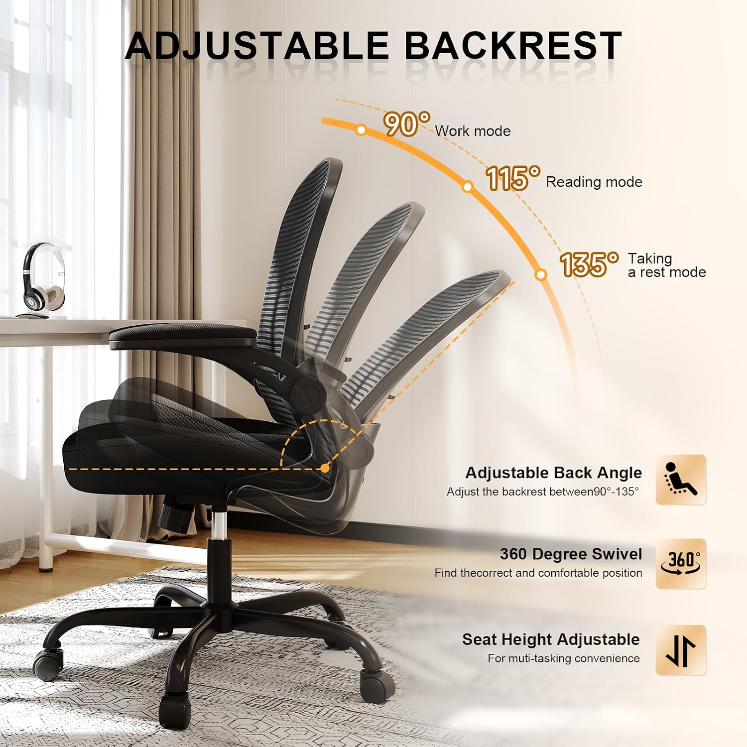 Office Chair, Ergonomic Desk Chairs 330Lbs Capacity High Back Mesh Computer Chair With Flip-Up Armrests, Comfy Work Chair With Adjustable Lumbar Support, Rolling Chair