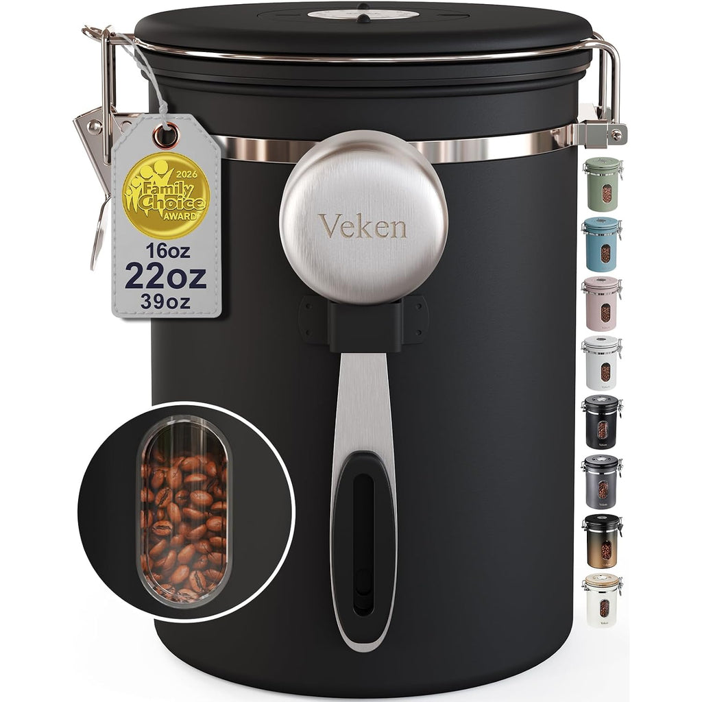 Veken Coffee Canister With Window,Airtight Stainless Steel Pantry Container,Kitchen Food Storage Organizers For Beans,Ground,Espresso,Rice,Tea,Sugar, Cereal, Bar Accessories,Gifts,Lids,Jars,22Oz,Black