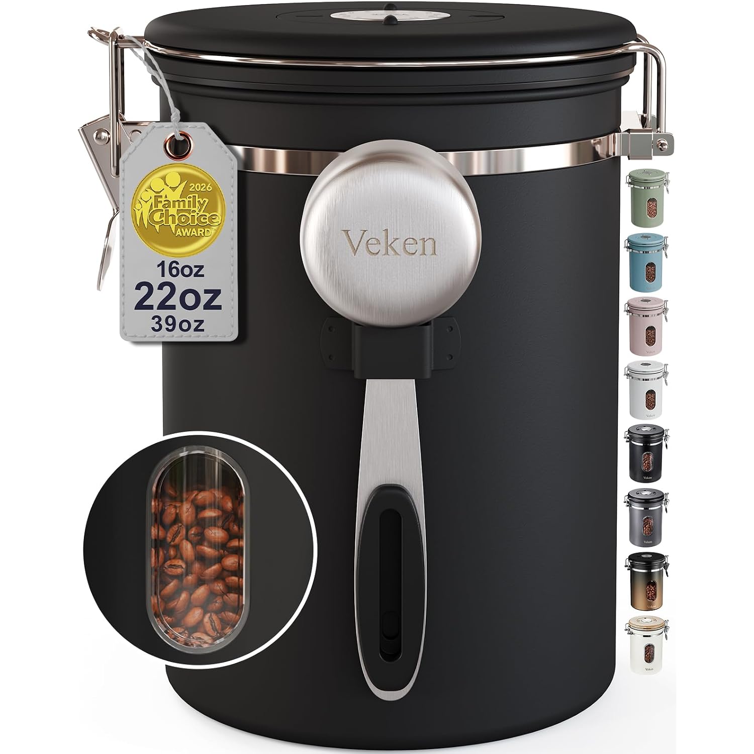 Veken Coffee Canister With Window,Airtight Stainless Steel Pantry Container,Kitchen Food Storage Organizers For Beans,Ground,Espresso,Rice,Tea,Sugar, Cereal, Bar Accessories,Gifts,Lids,Jars,22Oz,Black
