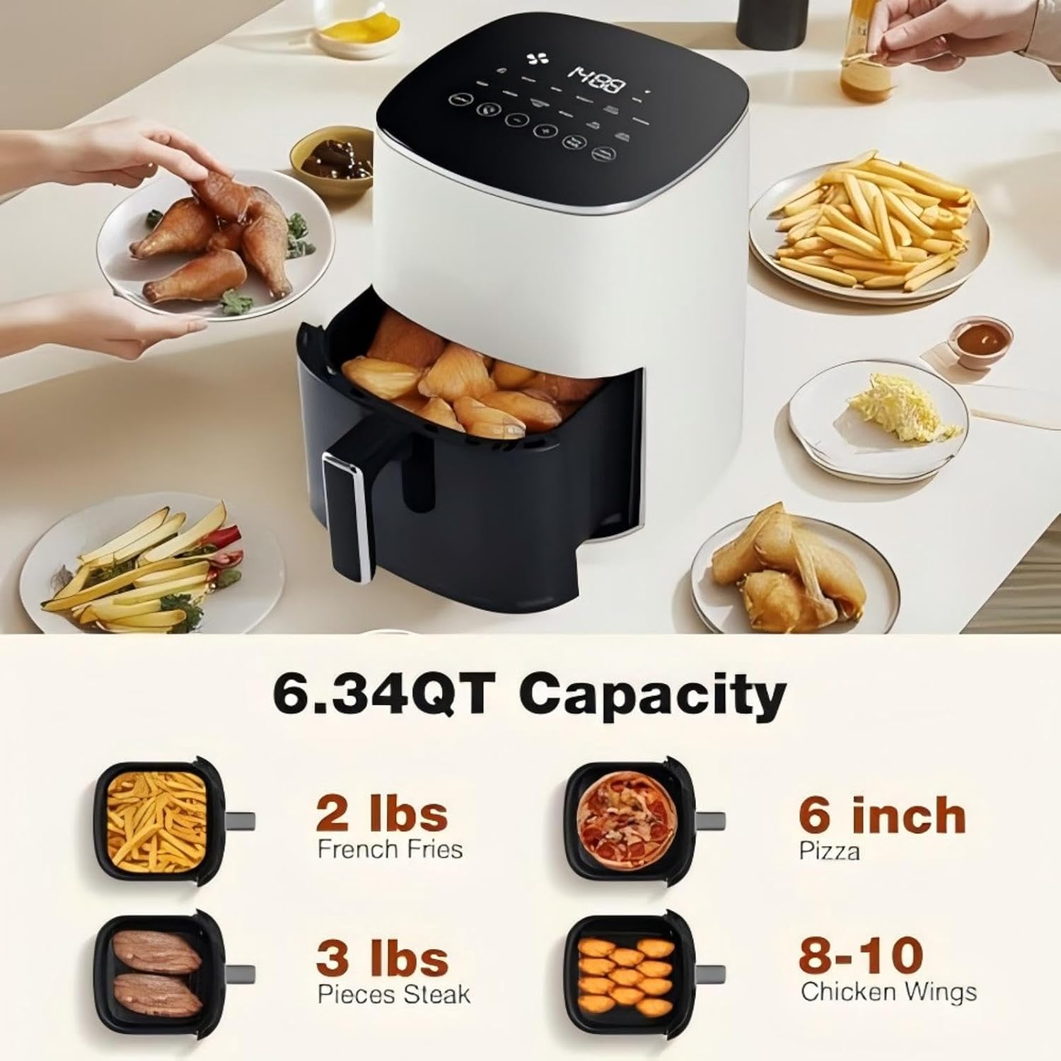 Olixis Air Fryer 6 Quart With Window Square Airfryer 12-In-1 Air Frys, Roast, Reheat, Dehydrate, Bake, Steam, Fries, Custard, Chicken, Wings, Sea Food, Vegetabels,400F, White