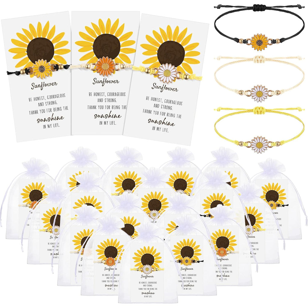 Huquary 36 Set Mother's Day Inspirational Gifts Bulk Sunflower Bracelets for Women with Thank You Cards for Mom Employee Friend Daisy Sunshine Party Favors