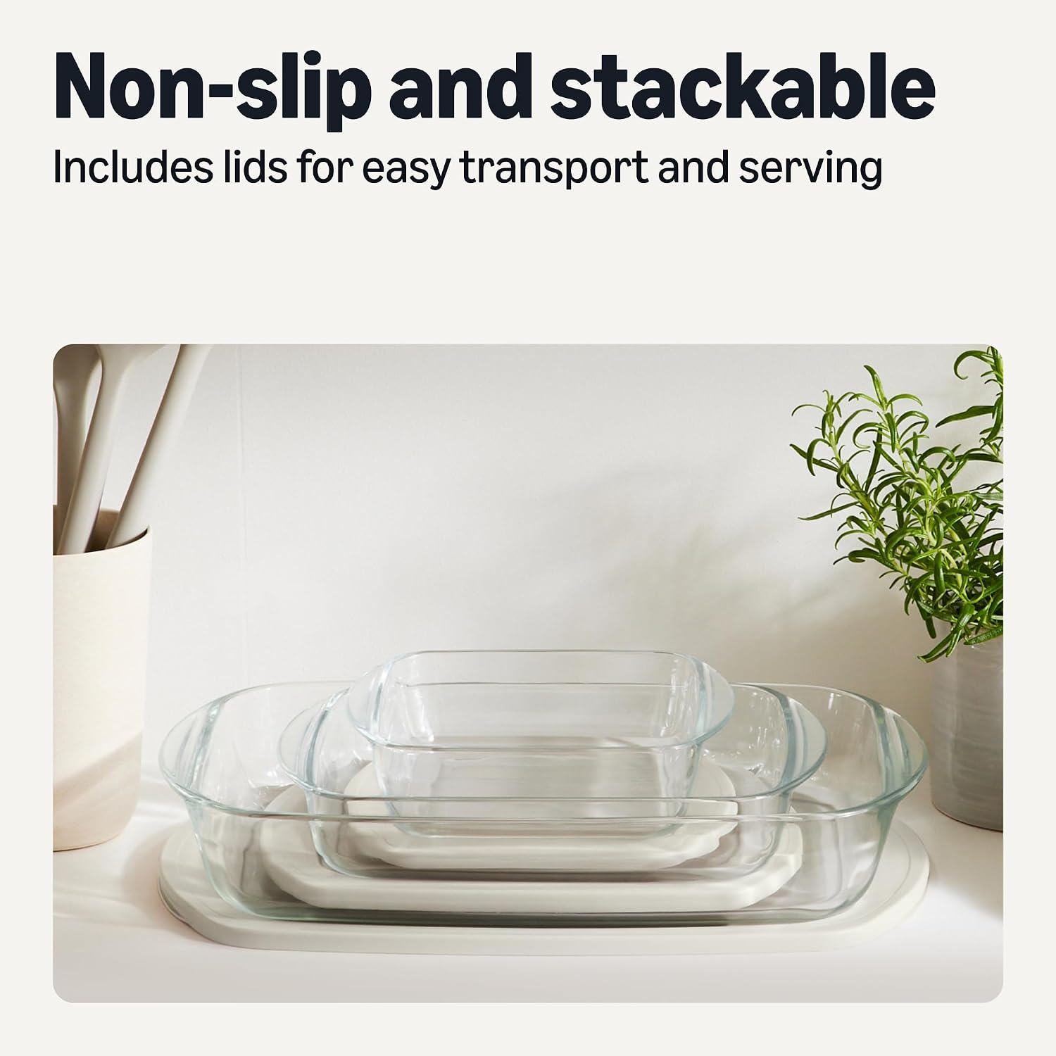 Amazon Basics Glass Baking Dishes With Bpa-Free Lids, 6-Piece Bakeware Set, Borosilicate Glass, Oven-Safe Up To 752°F, Non-Slip And Stackable, Dishwasher-Safe, Linen Gray