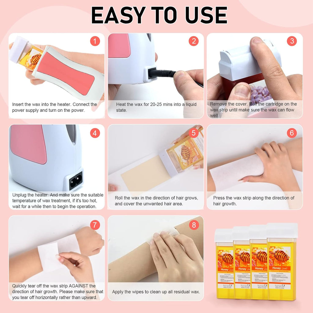 Roll On Wax, Honey Hair Removal Wax Cartridge, Depilatory Wax Roller Refill, 4 Pack - 100% Natural Material, Dermatologically Tested, Easy & Safe to Use, For Body Waxing, Leg and Arms