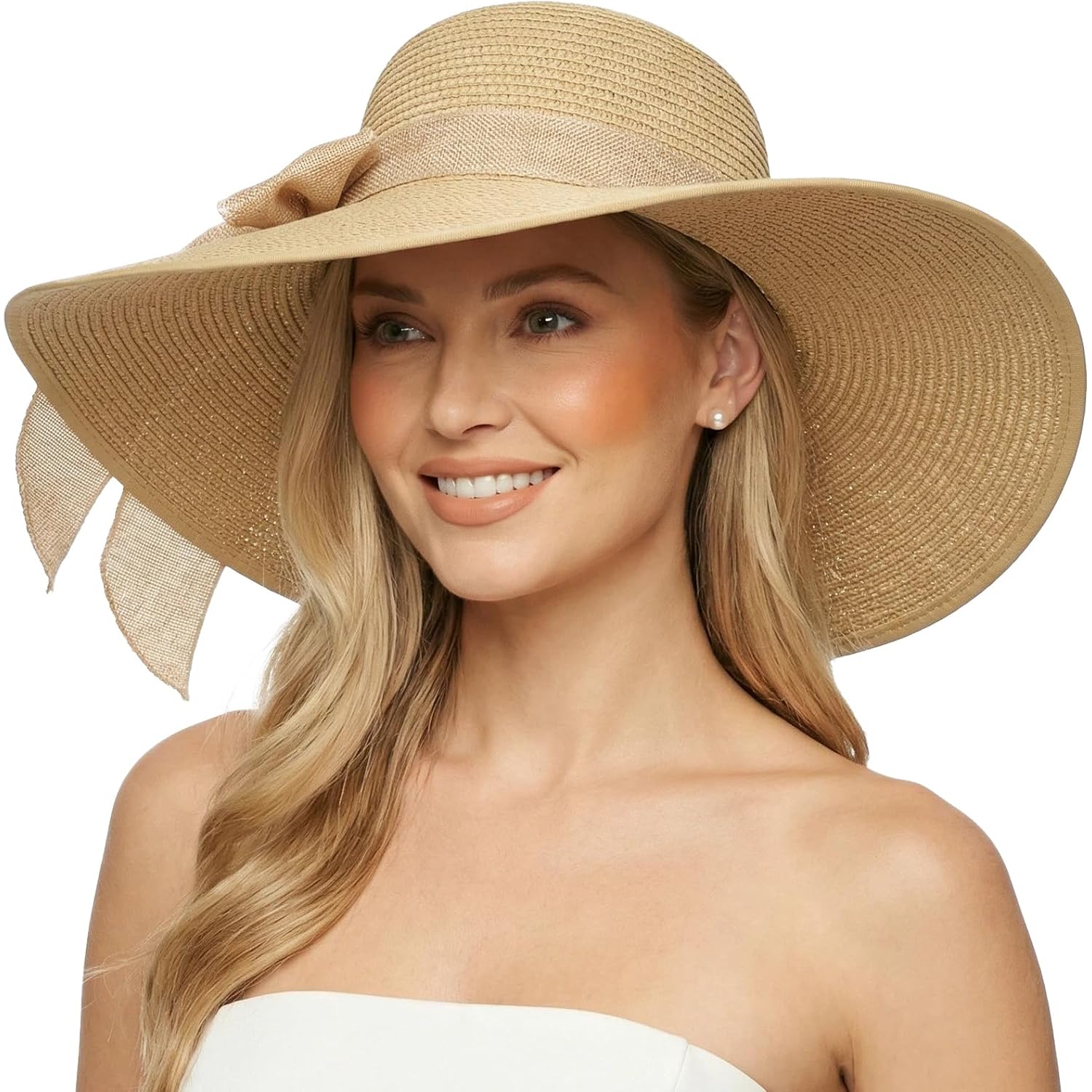 DRESHOW Beach Hats for Women Big Straw Wide Brim Summer Hat Floppy Foldable Roll up Cap Sun Hat UPF 50+ Khaki /Normal Edge