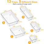 Smartake 13-Piece Drawer Organizers With Non-Slip Silicone Pads, 5-Size Desk Bathroom Drawer Organizer Trays Storage Tray For Makeup, Jewelries, Utensils In Bedroom Dresser, Office And Kitchen, Clear