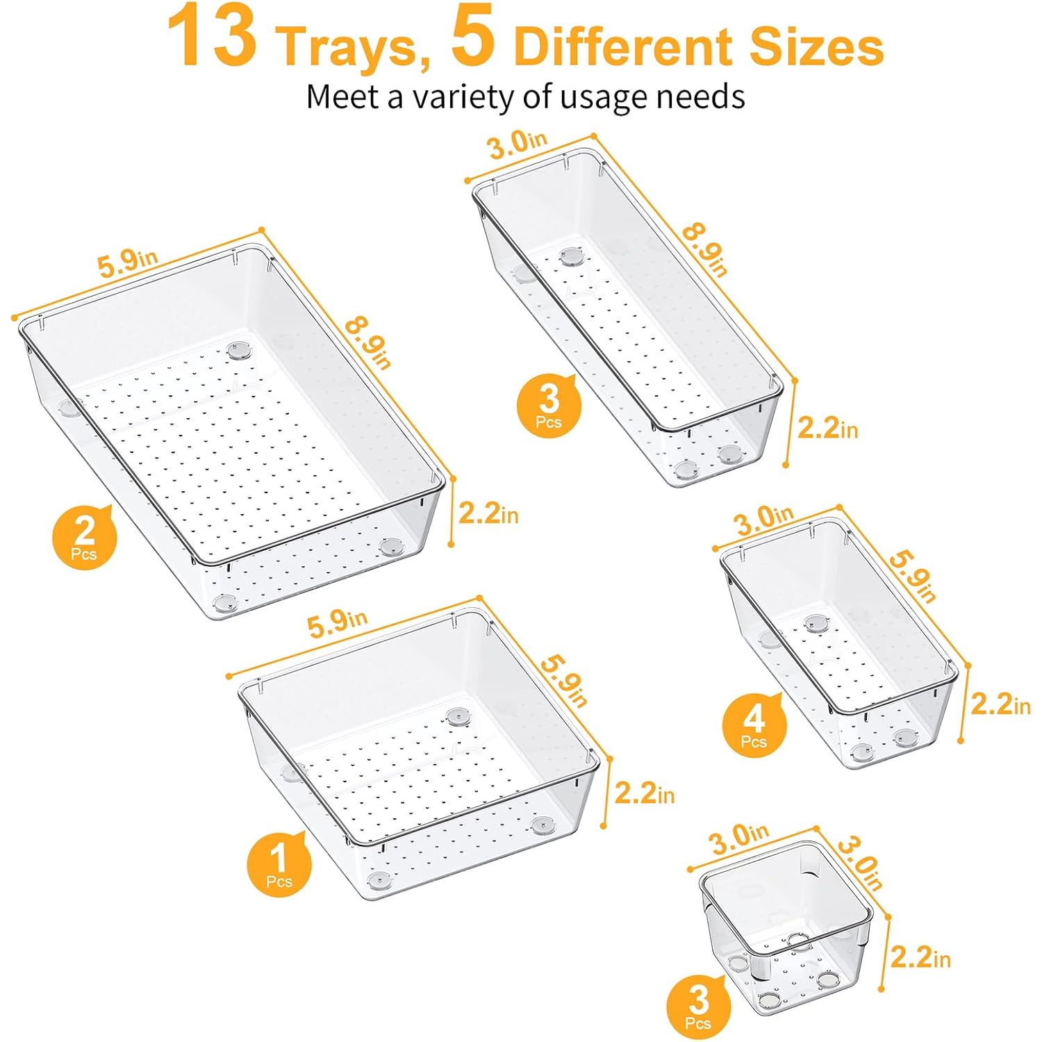 Smartake 13-Piece Drawer Organizers With Non-Slip Silicone Pads, 5-Size Desk Bathroom Drawer Organizer Trays Storage Tray For Makeup, Jewelries, Utensils In Bedroom Dresser, Office And Kitchen, Clear