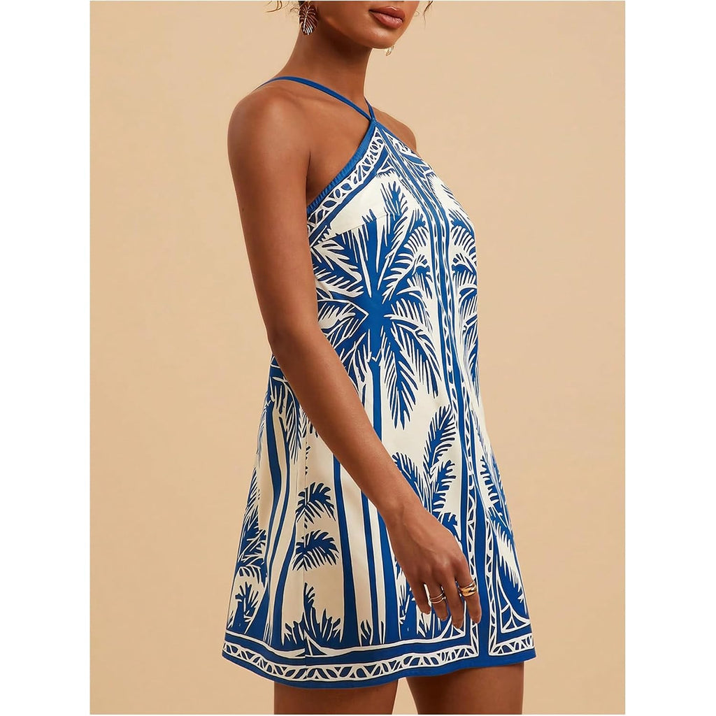 Makemechic Women'S Halter Dresses Summer Beach Backless Tropical Vacation Caribbean Outfits Boho Mini Dresses