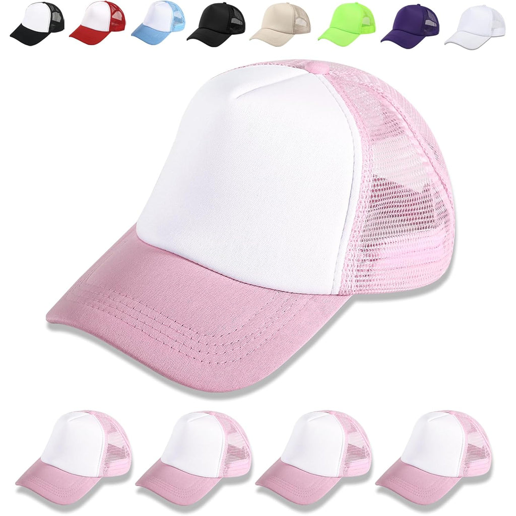 5 Pack Sublimation Blank Baseball Cap Adjustable Hat Polyester Mesh Trucker Hats for Men and Women 5pcs Pink and White Hat
