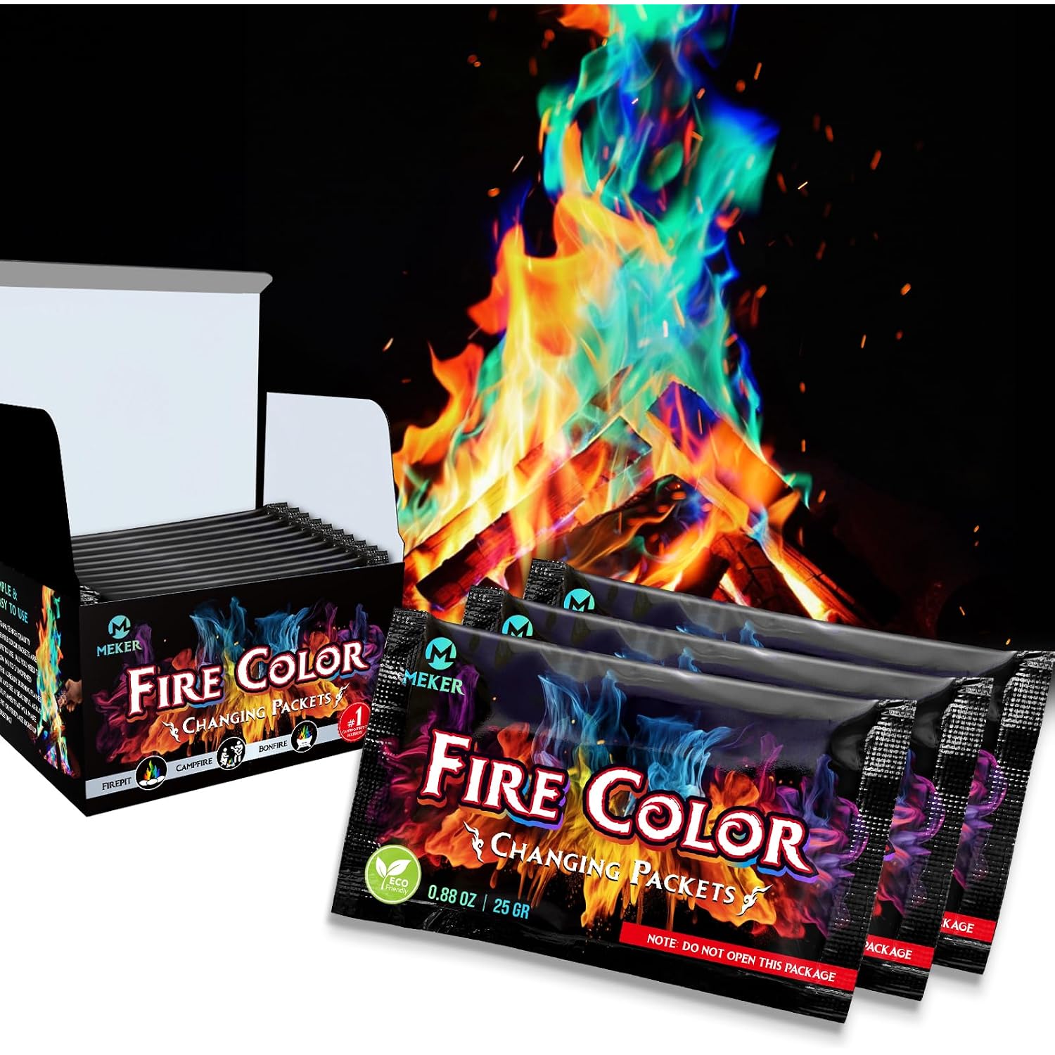 Meker Fire Color Changing Packets - Fire Pit, Campfires, Outdoor Fireplaces, Bonfire - Magic Colorful Changing Fire - Perfect Fire Camping Accessories For Kids & Adults (12 Pack)