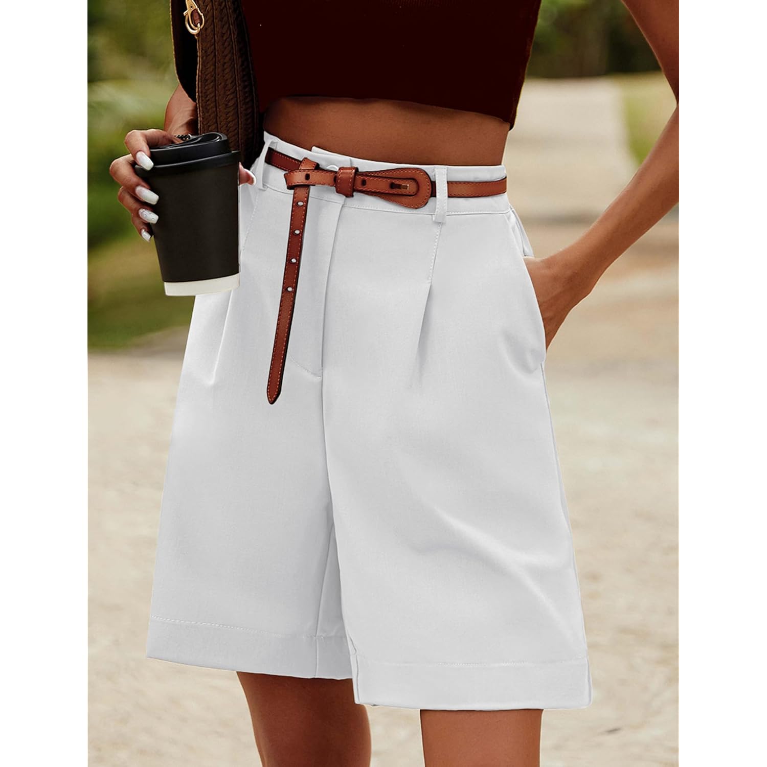 Bermuda Shorts for Women Summer Dressy Casual Elastic High Waisted Wide Leg Knee Length Shorts with Pockets