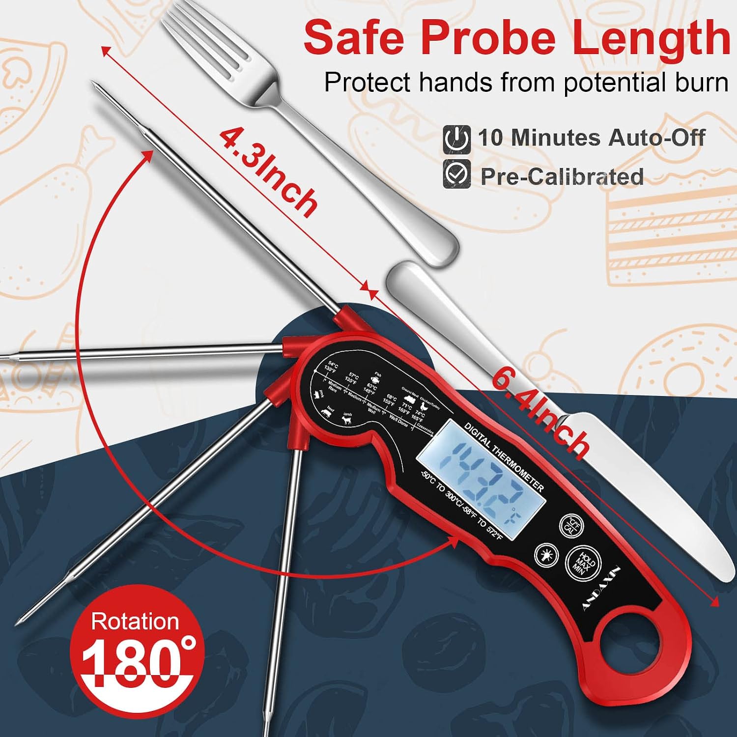 Meat Thermometer Digital For Grilling And Cooking - Andaxin Waterproof Ultra-Fast Instant Read Food Thermometers With Backlight & Calibration For Kitchen, Deep Fry, Bbq, Grill(Red/Black), Lcd