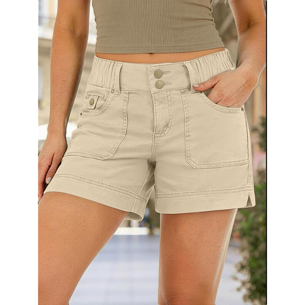 Women's Mid Waist Solid Split Side Flap Pocket Casual Shorts