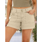Women's Mid Waist Solid Split Side Flap Pocket Casual Shorts